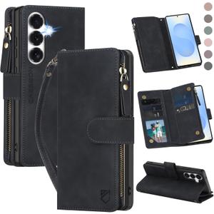 for Samsung Galaxy S25-Wallet Case: for Galaxy S24 Case with RFID Blocking Card Slots (6 Cards) | Soft PU Leather Magnetic Snap Zipper Pocket | Wrist Strap Protective Phone Cover - Black