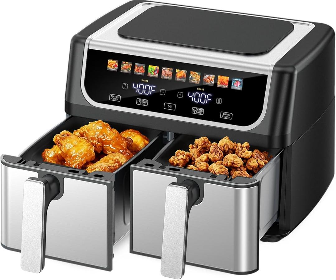 OLIXIS Dual Basket Air Fryer, 9.5 Quart Large Air Fryer with Double Basket, Independent TEMP Control, Sync Setting, Shake Reminder, 10 Presets for Bake, Broil, Defrost, Dehydrate, Black