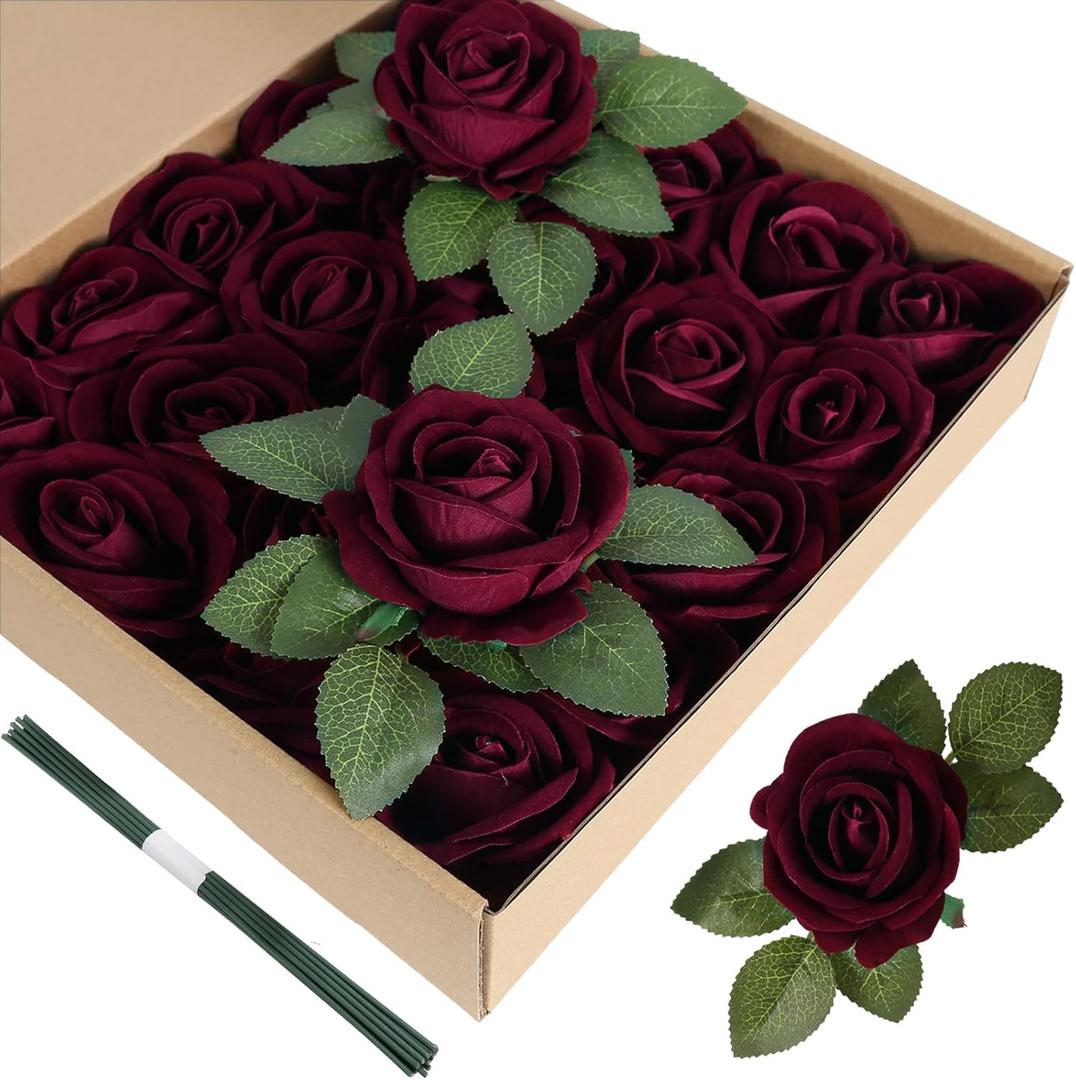 Burgundy Artificial Flowers Velvet Roses 25 PCS Real Look Silk Flowers with Stems for DIY Wedding Party Baby Shower Home Decoration(Burgundy)