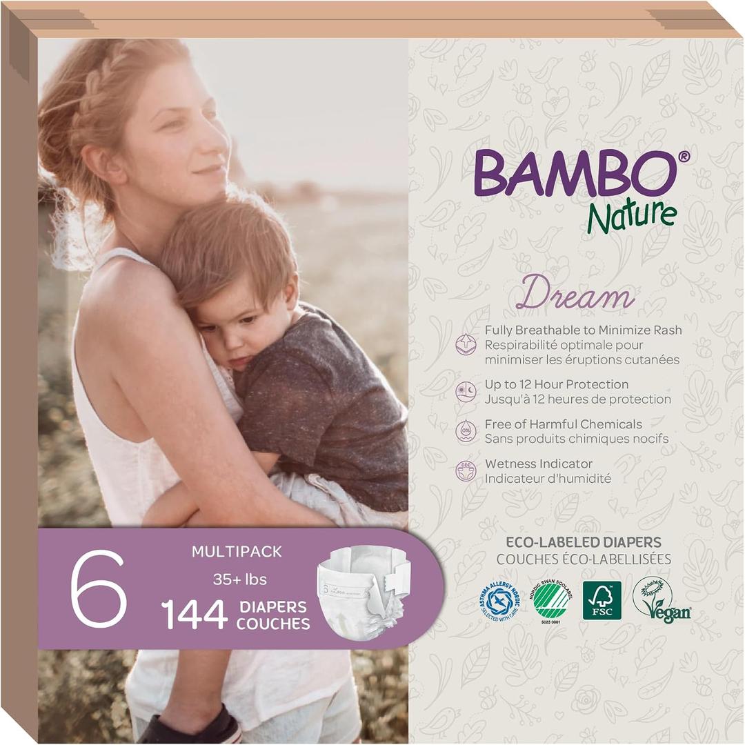 Bambo Nature Hypoallergenic Baby Diapers, Eco-Labelled Sustainable Diapers, Enhanced Leakage Protection, Totally Chlorine-free, Skin Friendly, and Super Absorbent - Size 6 (144 Count)