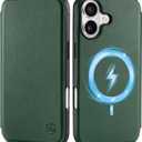 SHIELDON Genuine Leather Slim Wallet Case for iPhone 17 6.3" 5G 2025 | Wireless Charging, RFID Blocking Credit Card Holder, Flip Design, Magnetic Closure, Protective Phone Shell - Evergreen