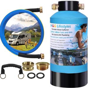 H&G lifestyles Portable Water Softener for RV with Water Hose,5A Food-Grade 3/4" Brass Fittings 2600 Gallons Softens Hard Water Filtration System for Trailers Boats Mobile Car Washing
