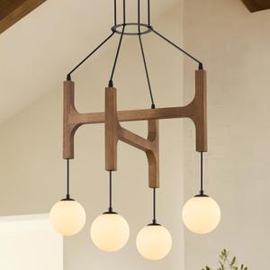 Farmhouse Wooden L24'' Chandelier Rustic Oak Wood Pendant Lights Mid Century 4-Light Milk Glass Globe Pendant Chandelier for Dining Room Kitchen Foyer Entryway Bedroom, G9