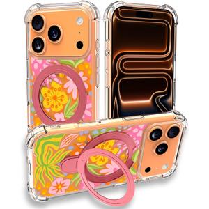 Clear Magnetic Cover Ring Stand Military-Grade Slim Case for iPhone 17 Pro Max - Colol Flower Ball
