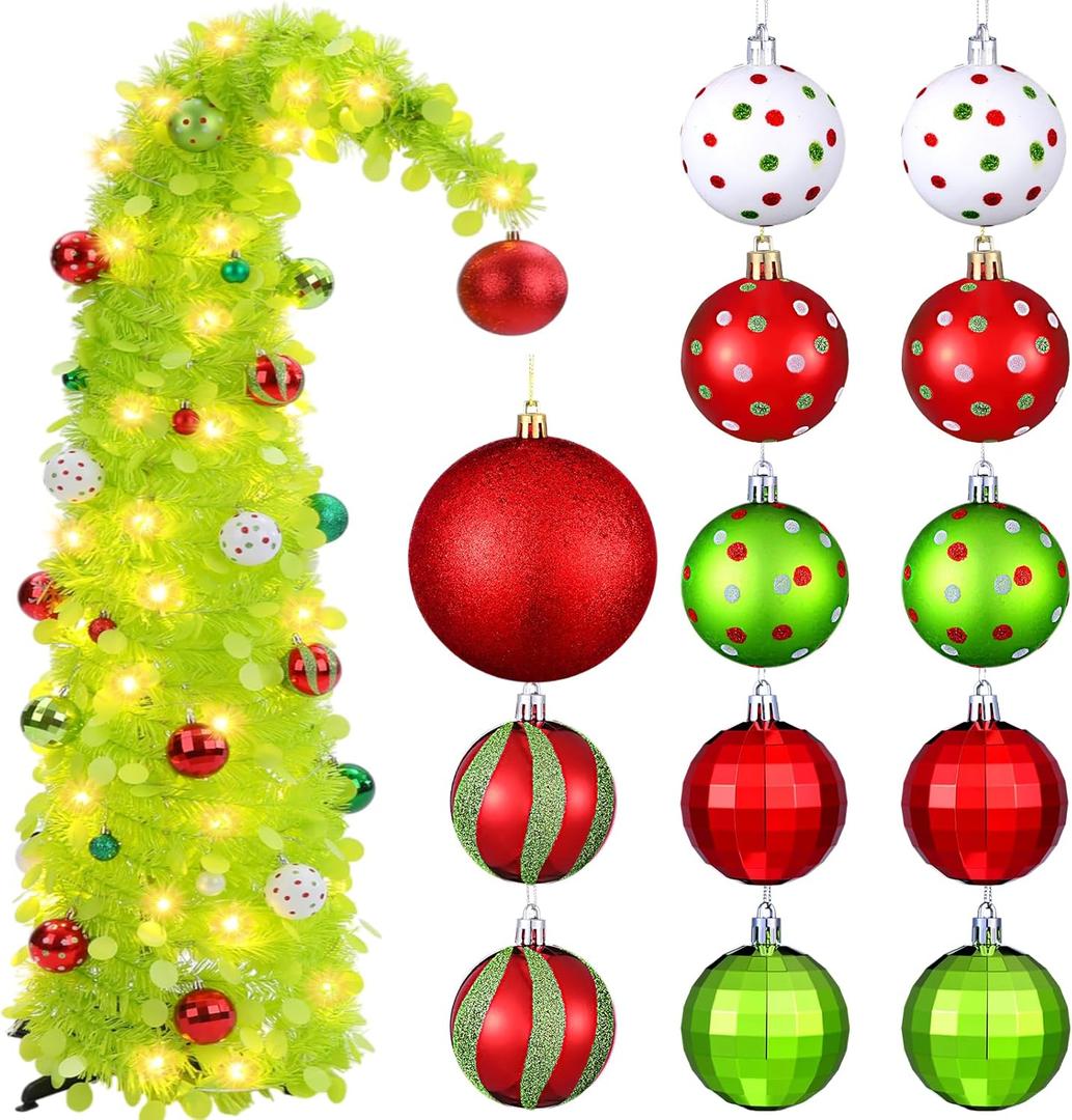 5ft Christmas Tree with Stand Artificial Lime Green Whimsical Bendable Christmas Tree with 13 Pcs Red Green Ball Ornaments Xmas for Room Tabletop Decor Holiday Indoor Outdoor(Cute Style)
