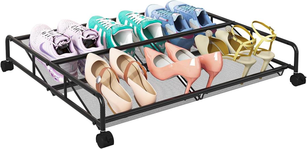 Under Bed Shoe Storage Organizer, Metal Mesh Under Bed Storage Containers with Wheels, Shoe Organizer Drawer Space Saving for Bedroom, 1 Pack
