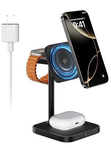 [Qi2 Certified ] LULULOOK 3 in 1 Charging Station, 15W QI2 Wireless Charger Stand Magnetic Charger for iPhone 17/16/15/14/13/12 Series, AirPods Pro/3/4, Apple Watch with 30W PD Adapter