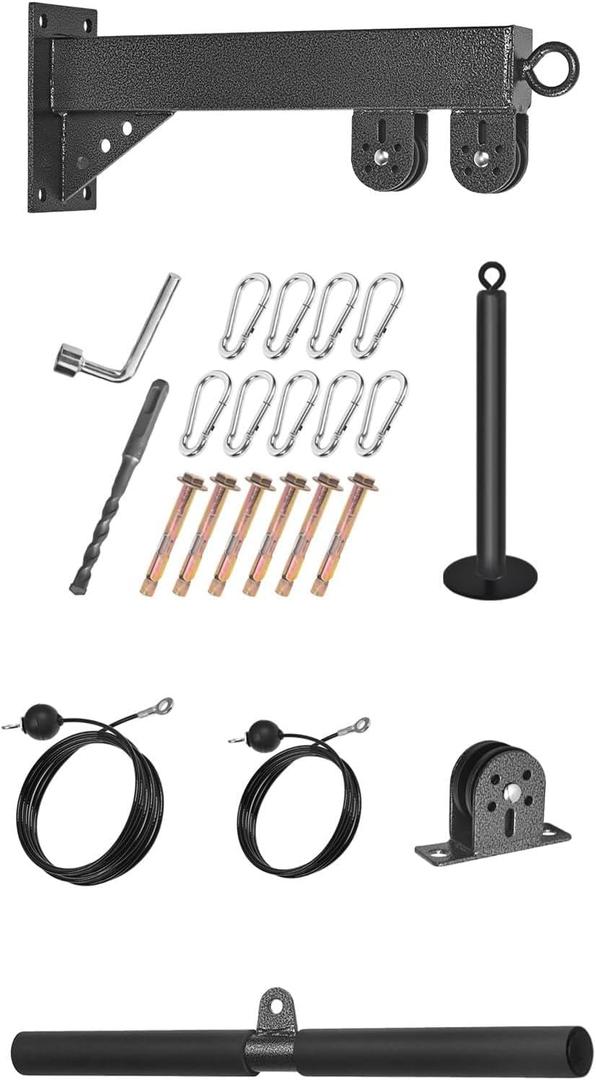 Wall Mounted Pulley System, Low Cable Machine Pulley System for LAT Pulldown, Biceps Curl Home Gym Equipment with Fitness Pull Down Bar, Tricep Rope
