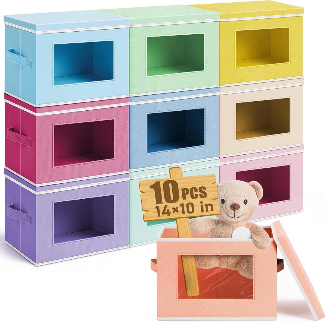 10 Pcs Fabric Storage Cubes with Lids and Clear Windows 14x10 Inch Foldable Closet Organizer Bins Aesthetic Pastel Storage Bins for Shelves Dorm Essentials Craft & Office Organization