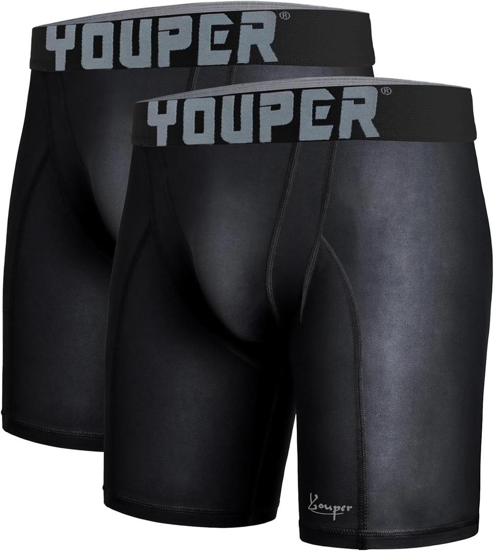 Youper 2-Pack Adult Compression Shorts w/Cup Pocket, Men's Athletic Supporter for Baseball & Football (Black)