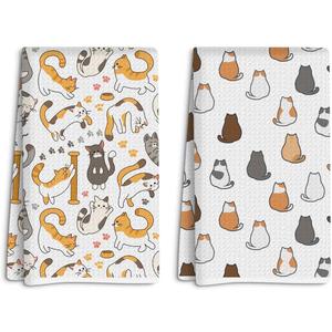 2 Pcs Kitten Kitchen Towels Cartoon Geometric Cat Kitchen Towels, Gift for Women Friend Coworker Sister Cats Lover, Suitable for Homes Bathrooms Restaurant Hotel Cafe Farmhouse Decor
