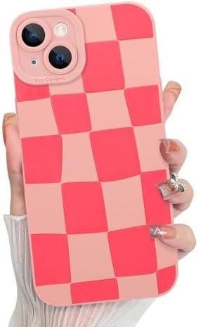 KANGHAR Compatible with iPhone 13 Case, Silicone Checkered Cute Pattern, Camera Protection Soft Slim Phone Case for Girls Women -Pink