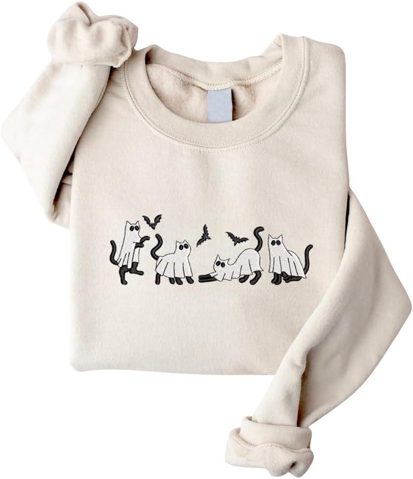 Halloween Ghost Cat Sweatshirt for Women  Funny Spooky Fall Pullover, Cute Black Cats in Costumes, Cute Ghost Cats Halloween Sweatshirts, Gift for Cat Lovers & Teens - Sand-S