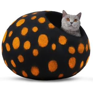 Woolygon Premium Felt Cat Cave Bed - Polka Dot Series - Wool Kitty Beds Handcrafted Kitten Caves Bed for Indoor Cats - Eco-Friendly Merino Wool, Foldable Cat Hideaway Cat Houses (Yellow/Black Dots) (Medium)