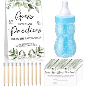 Roowest 512 Pcs Baby Shower Games Guess How Many Pacifiers Sign 100 Small Guessing Games 10 HB Pencils 750ml Milk Bottle 400 Acrylic Pacifiers Decoration for Guest Gender Reveal(Blue,Plant)