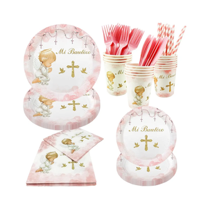 112 PCS Baptism Plates Napkins Cups Decoration for Girl Mi Bautizo Baby Shower First Holy Communion Disposable Party Tableware Newborn Christening God Bless Party Supplies Favors for 16 Guests