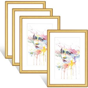 4x6 Picture Frames Set of 4, Gold Matte Thin Modern Metal, for Horizontal & Vertical Wall Hanging and Tabletop, Aluminum Floating Photo Frame, Display 3x5 with Mat or 4x6 without Mat (4 Pack)