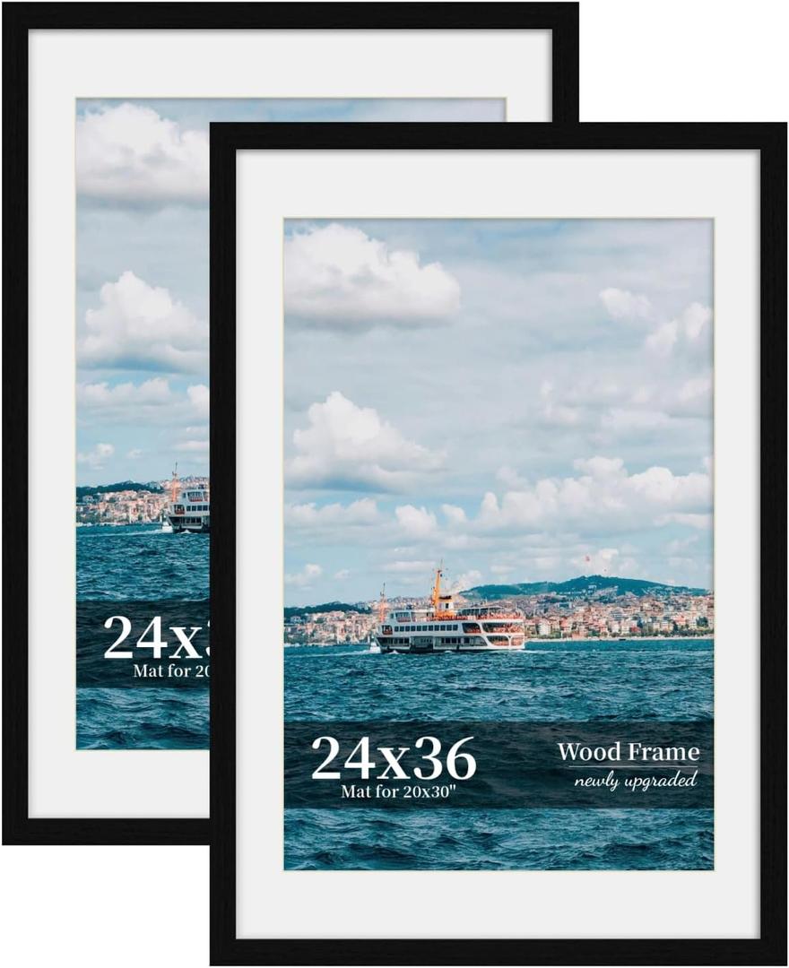 24x36 Picture Frame Set of 2, Wood Frame with Real Glass, Wide Border, 24X36 in