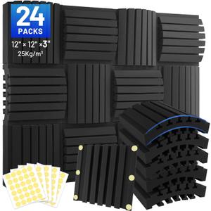 Focusound 24 Pack Curved Acoustic Foam Panels 3" x 12" x 12" Sound Proof Foam Panels Soundproofing Noise Cancelling Wedge Panels for Home Office Recoding Studio with 150 PCS Double-Side Adhesive