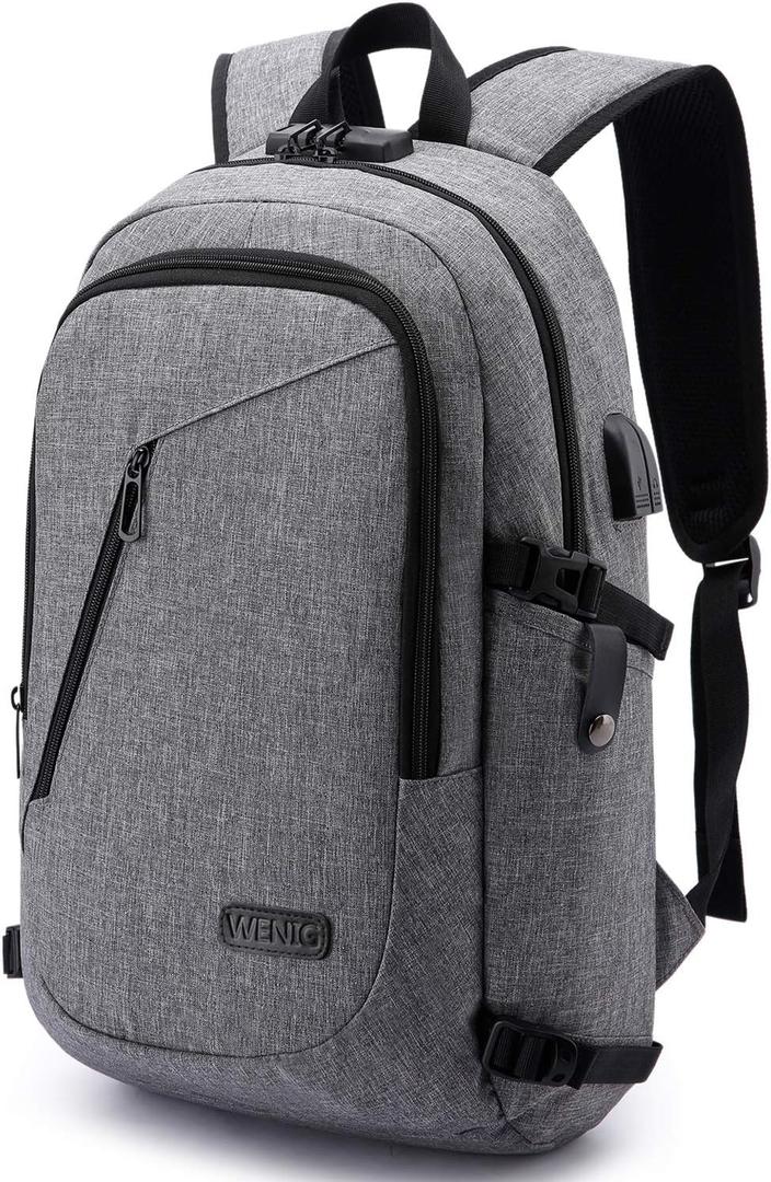WENIG Laptop Backpack, Business Travel Anti Theft Backpack for Men Women with USB Charging Port, Slim Durable Water Resistant Computer Backpack Fits 15.6 Inch Laptop Notebook, Grey