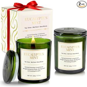 CJVIUS 2 Pack Candles for Home Scented,Wood Wick Eucalyptus Mint Scented Candle,22.6 oz 150 Hour Long Burning Lasting, Natural Soy Wax Candles Gifts Set