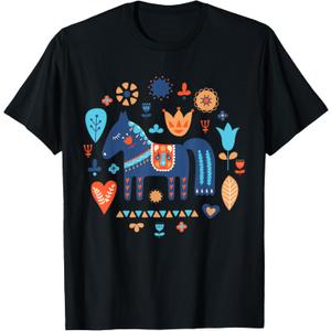 Swedish Dala Horse Dalecarlian Nordic Tradition Sverige Folk T-Shirt (Small, Black)