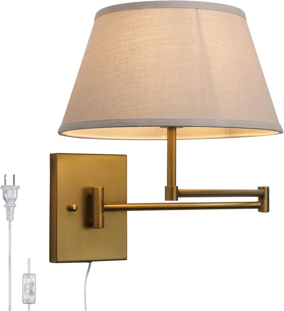 Vintage Fabric Plug-in Cord Wall Sconce with Linen Cloth Shade | Swing Arm, Adjustable, with on/Off Switch, Brass Gold Wall Mounted Lamp, for Bedside Bedroom Living Room, Indoor Home Decor