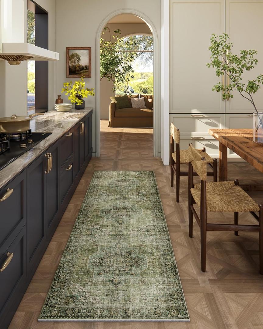 Machine Washable Kitchen Runner Rug: 2'x6' Hallway Rug Non Slip Low-Pile Stain Resistant Soft Carpet Runners for Entryway Hallways Kitchen Laundry Room Beside Farmhouse (Black and Green)