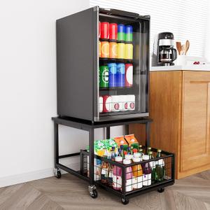 SpaceAid Mini Fridge Stand with Storage, 19.7" W x 19.7" D Heavy Duty Mobile Refrigerator Shelf Stand Table with Wheels, Fridge Cart Organizer with Drawer Basket for Home Dorm Office (Black), 2 Tiers