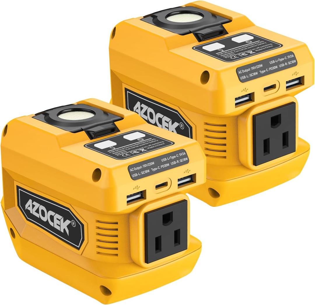 220W Power Inverter Compatible with Dewalt 20V Battery, DC 20V to AC 110V Portable Power Station with 1 AC Outlet, 2 USB Ports & 1 Type-C Fast Charging, 400LM LED Work Light (2-Pack) (Yellow)