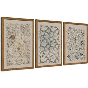 Krtoni 3PCS Framed Vintage William Morris Wall Art, Neutral Abstract Floral Canvas Artwork Prints, Rustic Boho Farmhouse Flower Botanical Picture Paintings for Living Room Bedroom Office 16W x 24H