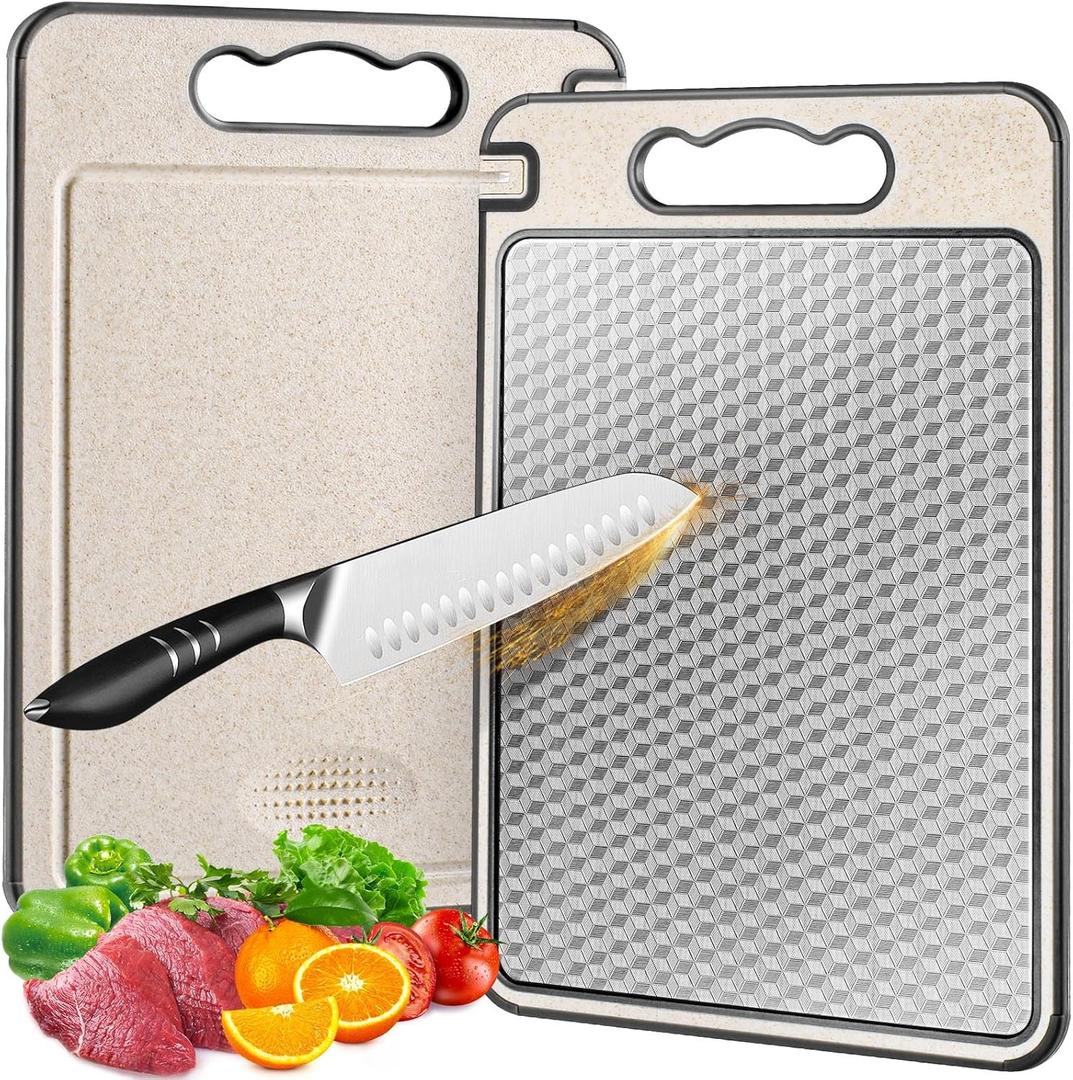 Titanium Cutting Board Double Sided for Kitchen, Knife Sharpener & Garlic Grater Wheat Straw + PP with Juice Groove Large Chopping Board（15×10In） Kitchen Necessities for Home