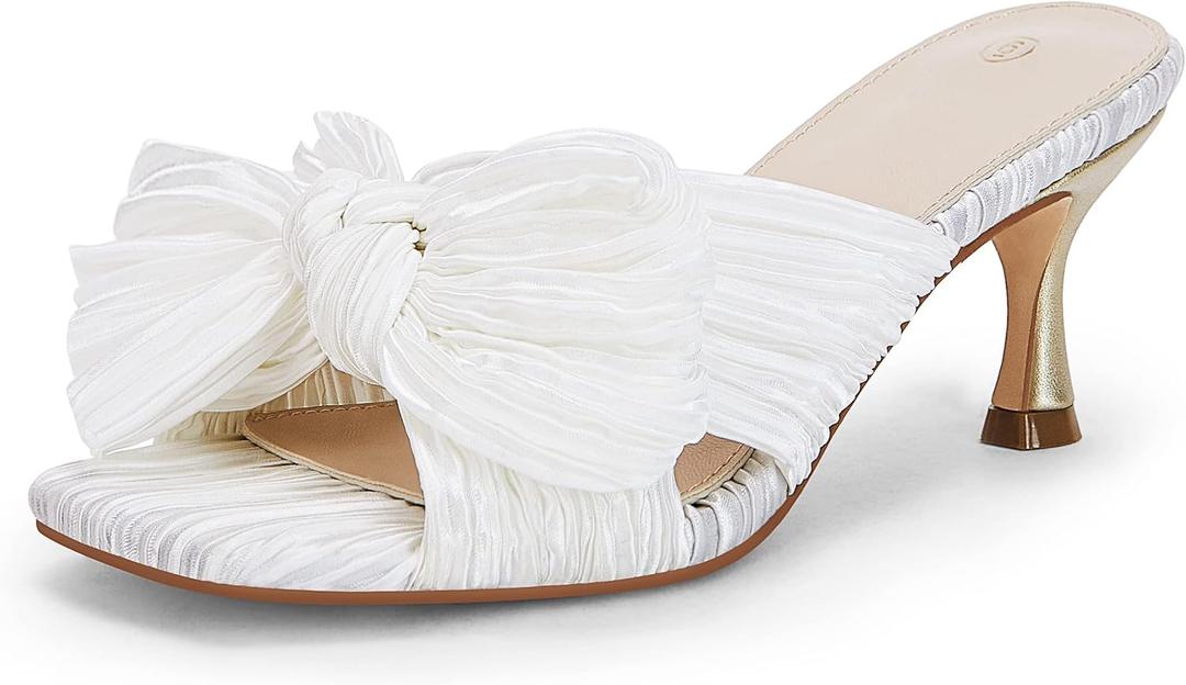 Coutgo Womens Bow Heeled Sandals Pleated Bowknot Heels Open Square Toe Cute Kitten Heel Mules Slip On Wedding Dress Shoes 10
