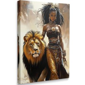 Modern African American Woman Lion of Judah Black Girl Wall Art Canvas Framed Contemporary Portrait Gold Animal Pictures Wall Decor Prints Poster Artwork for Living Room Bedroom Bathroom (12"x16")