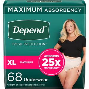 Depend Fresh Protection Adult Incontinence & Postpartum Bladder Leak Underwear for Women, Disposable, Maximum, Extra-Large, Blush, 68 Count (2 Packs of 34), Packaging May Vary (X-Large)