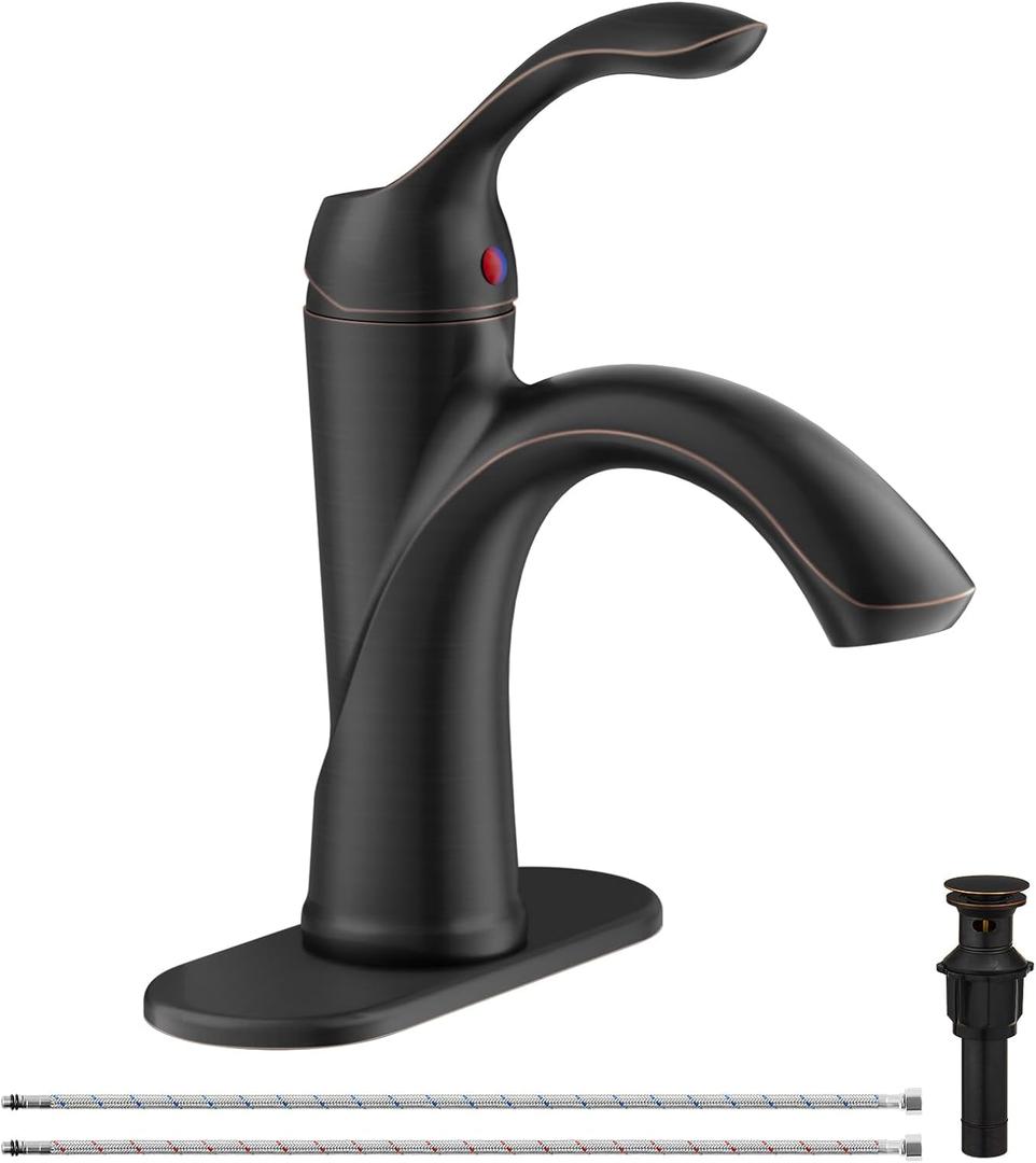 Bathroom Sink Faucet 1 Hole Oil Rubbed Bronze Single Handle Bathroom Faucets Farmhouse RV Lavatory Vanity with Pop Up Drain Parts with Overflow