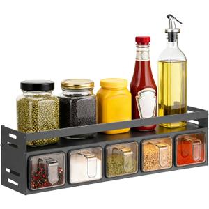 Kitchen Spice Rack, Kitchen Organizer and Storage Rack with 5 Spoons, Spice Organization for Cabinets Punch-free Wall/Countertop Home Decor Multifunctional Double Layer 5 Grid Condiment Rack, Gray