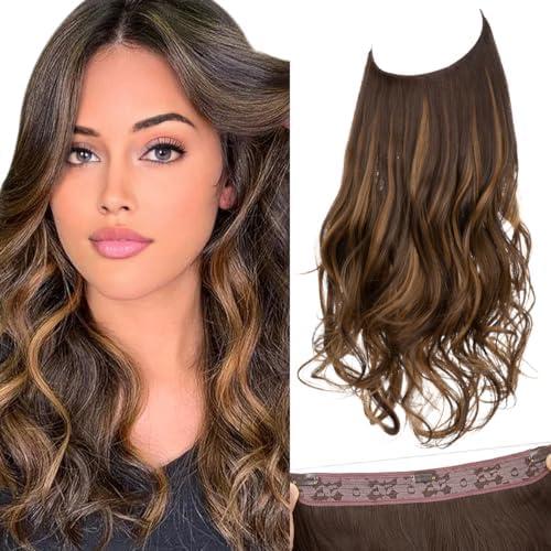 SARLA Invisible Wire Hair Extensions with 3 Clips Long Synthetic Wavy Curly Hairpiece Adjustable Transparent Headband for Women 22 Inch Dark Brown/Golden Blonde Highlights