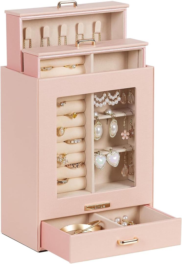 Homde Jewelry Organizer Girls Women Jewelry Box for Necklaces Rings Earrings Gift Bracelets Storage Case (Peach Pink + Gold)