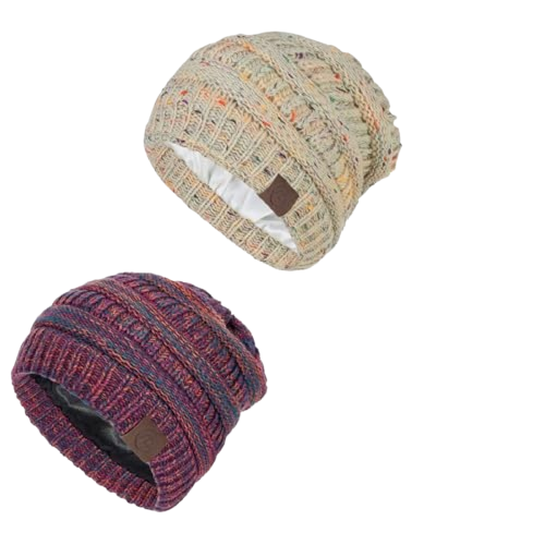 Beanies Women Winter Hats for Women Cute Slouchy Beanie for Winter Warm Snow Ski Hat Satin Lined Beanie Silk Lined Hat Beige&Purple, Pack of 2