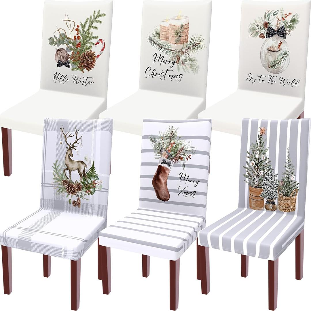 Rustic Minimalist Christmas Chair Covers Set of 6  Washable Stretchable Slipcovers with Snowflakes, Tree, Reindeer & Winter Decor for Holiday Dining, Wedding, Hotel & Party Decor (Grey)