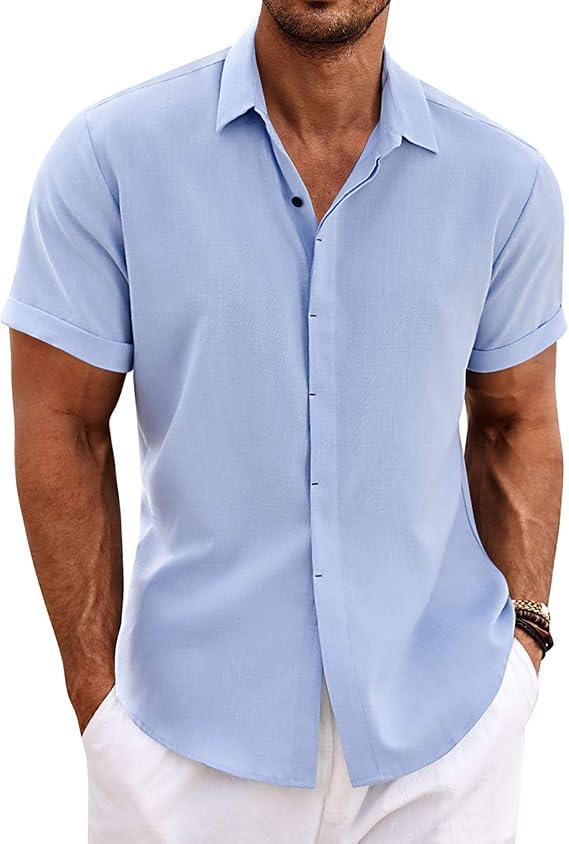 COOFANDY Men's Linen Shirts Short Sleeve Casual Shirts Button Down Shirt for Men Beach Summer Wedding Shirt XXL, Color: Clear Blue