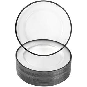 Goodluck 12 Inch Black Charger Plates, 50 Pack Clear Charger Plates with Black Trim, Disposable Plastic Dinnerware, Wedding, Party