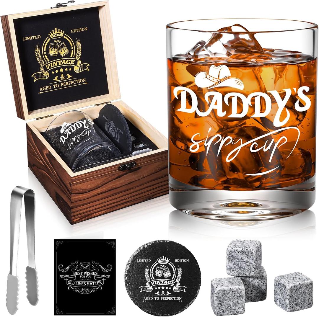 Daddy's Sippy Cup Whiskey Glasses 12 oz, Funny Dad Gifts for New Dad, New Fathers, Husband, Rocks Glasses First Fathers Day from Daughter, Kids, Son, Wife, Cool Papa Gift for Birthday