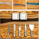 Handcrafted Italian Olive Wood Cheese & Charcuterie Board Set with Unique Black Resin Artwork - Cutting Board Comes with 4 Cheese Knives, 2 Dipping Bowls & Corkscrew Wine Opener (Black)