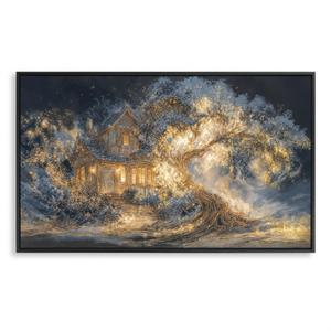 Elegant Golden Light Tree and Cabin Framed Wall Art – Large Vertical 3D Style Canvas Print with Floating Black Frame for Modern Living Room or Bedroom Decor, Dark Blue & Gold Abstract Painting, Size: 48"L x 24"W