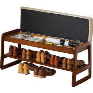 latifolia Solid Wood Bench, Entryway Shoe Bench with Cushion, Flip-Open Storage Compartment, 2-Tier Shoe Organizer(Grey,39.70''L), 39.37''l