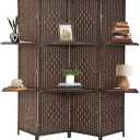 4 Panels Room Screen Divider Hand-Woven Design Room Divider 6 Ft High Fiber Freestanding Privacy with Wooden Removable Storage Shelves Screen Suitable for Living Room and Study, Brown
