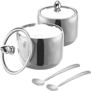 IBWell 10oz Sugar Bowl with Clear Lid and Spoon 2 Pack Silver Coffee Bar Containers for Kitchen Stainless Canister for Seasoning