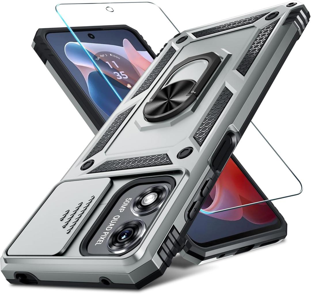 2 x Janmitta Compatible with Moto G Play 2024 Case Built in Slide Camera Lens Cover+Screen Protector+Ring Holder,Heavy Duty Shockproof Full Body Protective Phone Cover,Silver